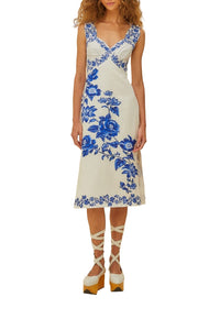 Robe midi Floral Cascade en lin - Bleu