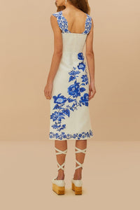 Robe midi Floral Cascade en lin - Bleu