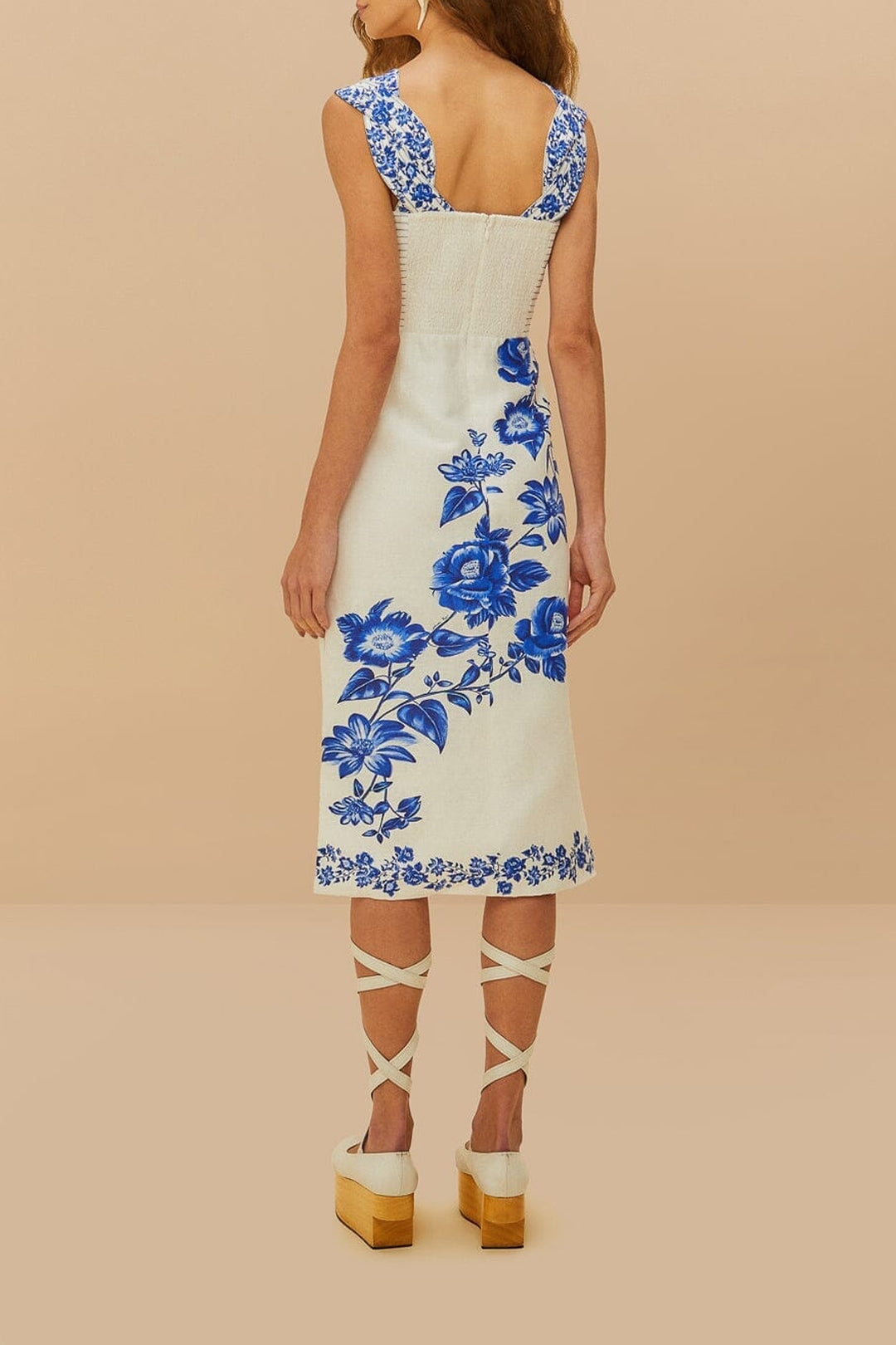 Robe midi Floral Cascade en lin - Bleu