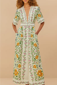 Combinaison Folk Floral en lin - Blanc