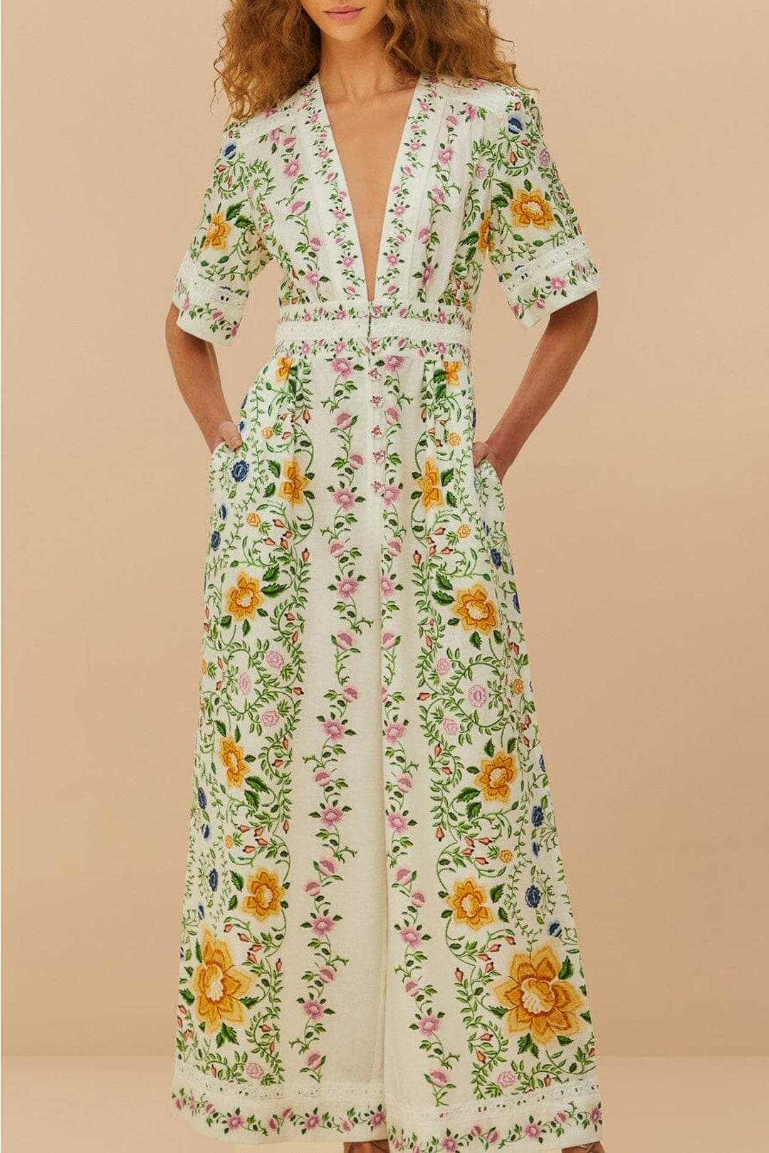 Combinaison Folk Floral en lin - Blanc
