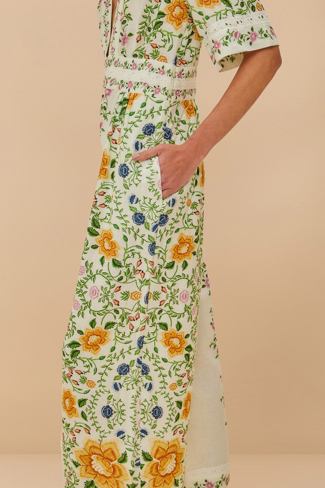 Combinaison Folk Floral en lin - Blanc