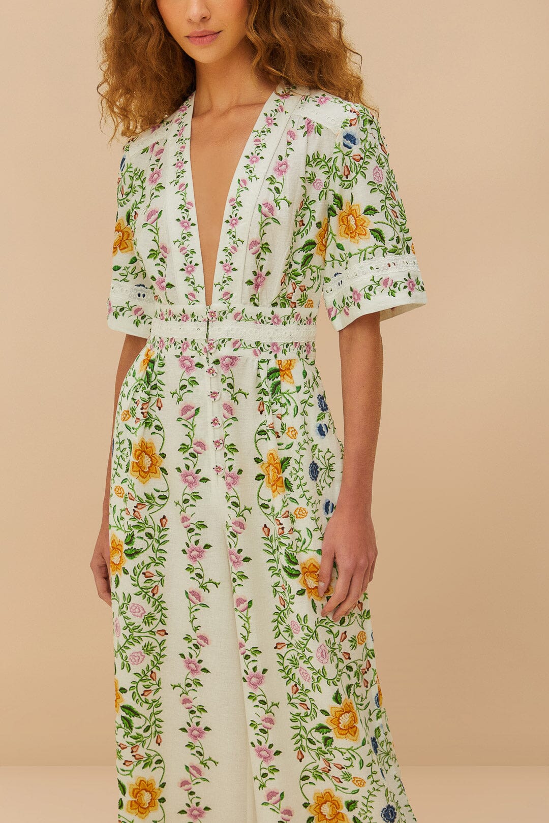 Combinaison Folk Floral en lin - Blanc