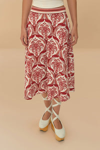 Tropical Cameo midi skirt in linen - Red