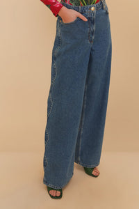 Pantalon taille haute Snip Wave en coton - Bleu