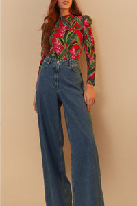 Pantalon taille haute Snip Wave en coton - Bleu