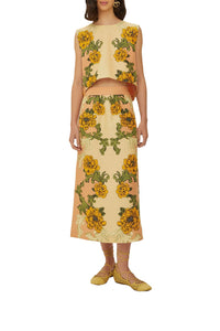 Jupe midi Delicate Flower en lin - Jaune