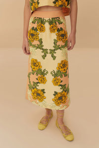 Jupe midi Delicate Flower en lin - Jaune