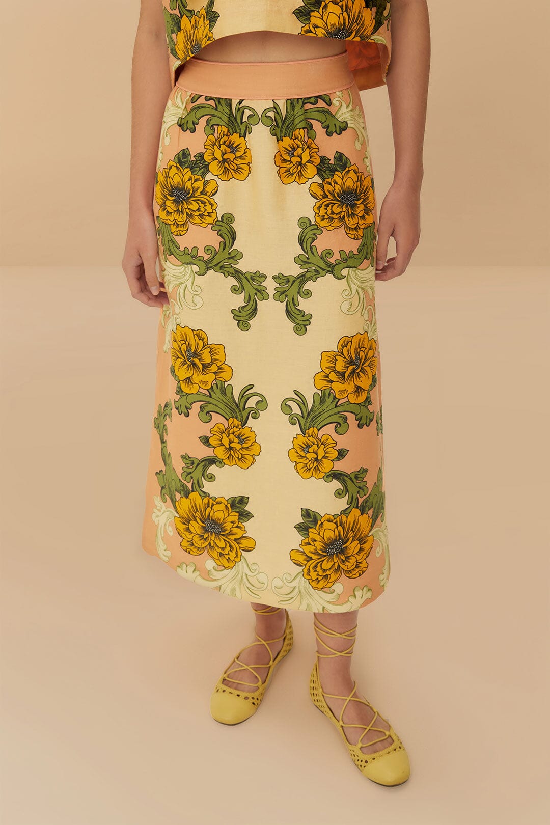 Jupe midi Delicate Flower en lin - Jaune