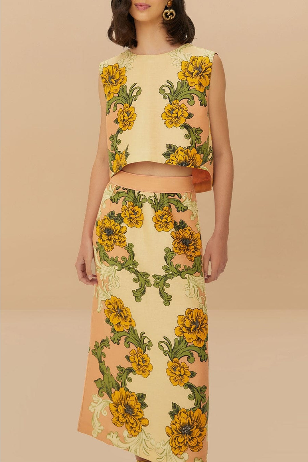 Jupe midi Delicate Flower en lin - Jaune
