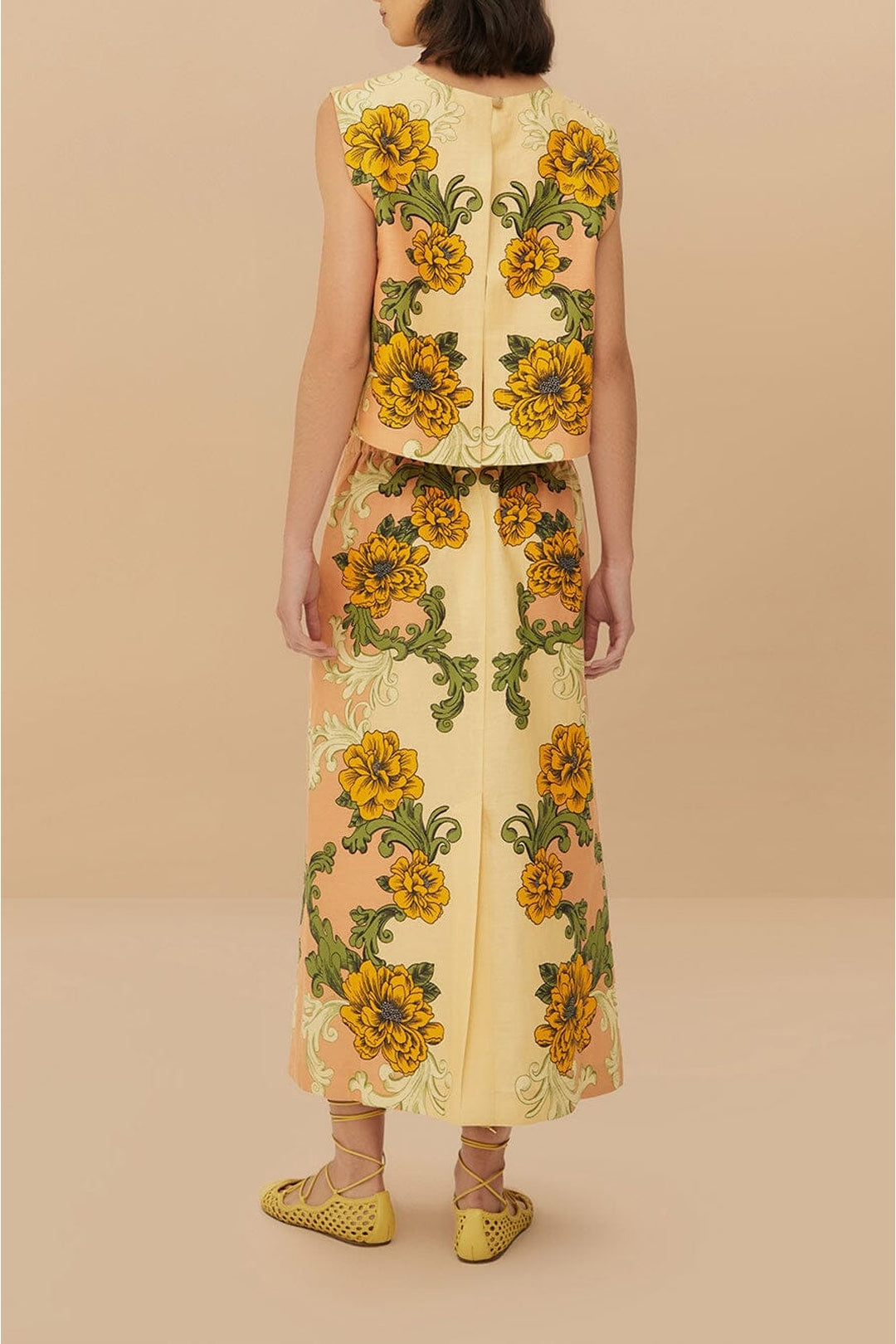 Jupe midi Delicate Flower en lin - Jaune