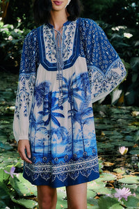 Robe courte Palm Tree en lin - Bleu
