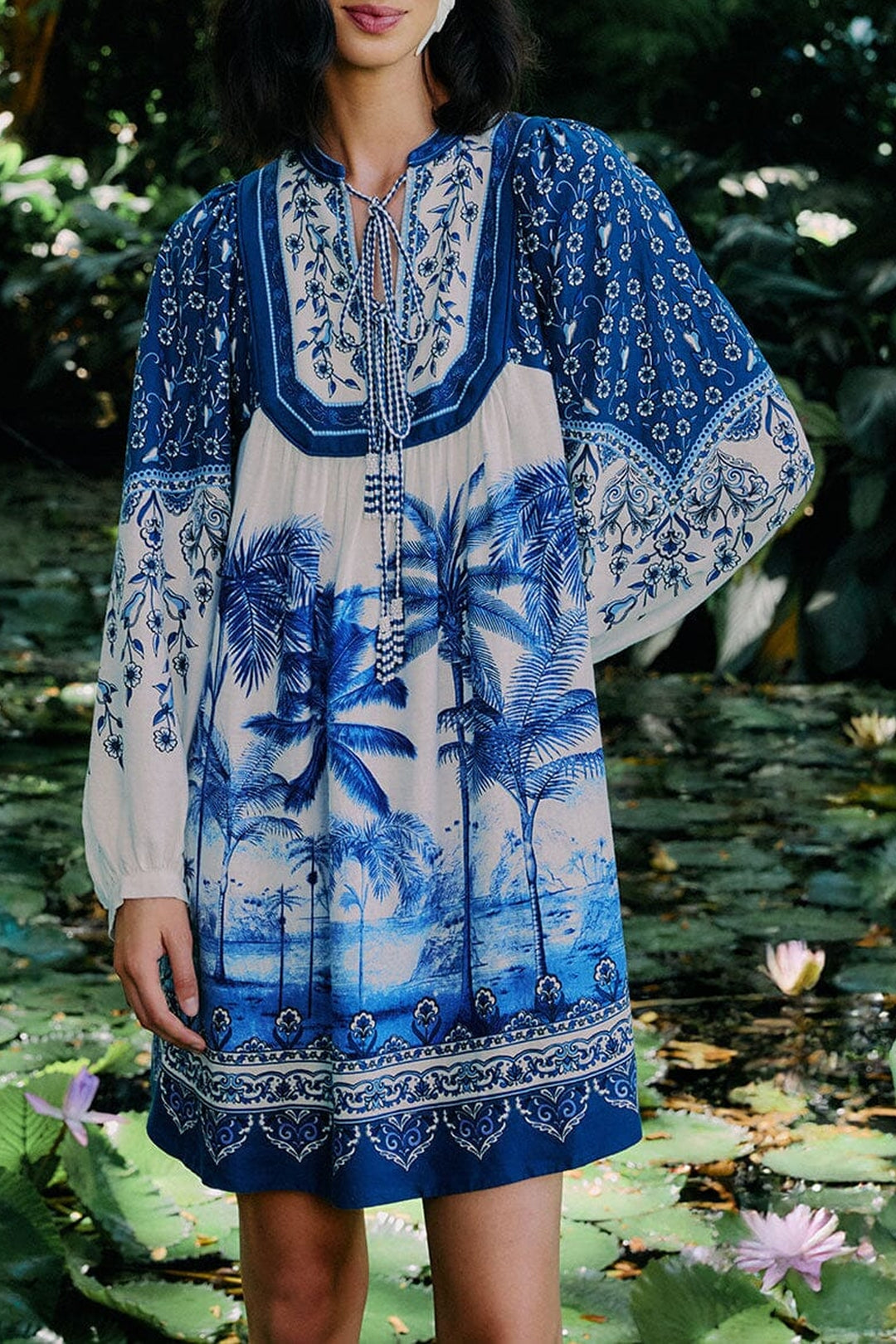 Robe courte Palm Tree en lin - Bleu