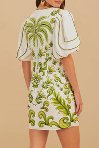 V-neck short dress in linen - White