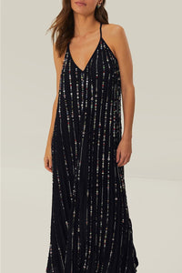 Robe longue plissée brodée de strass - Noir