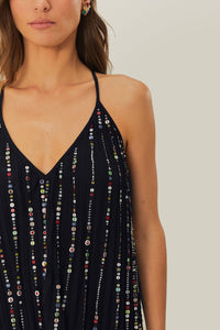 Robe longue plissée brodée de strass - Noir