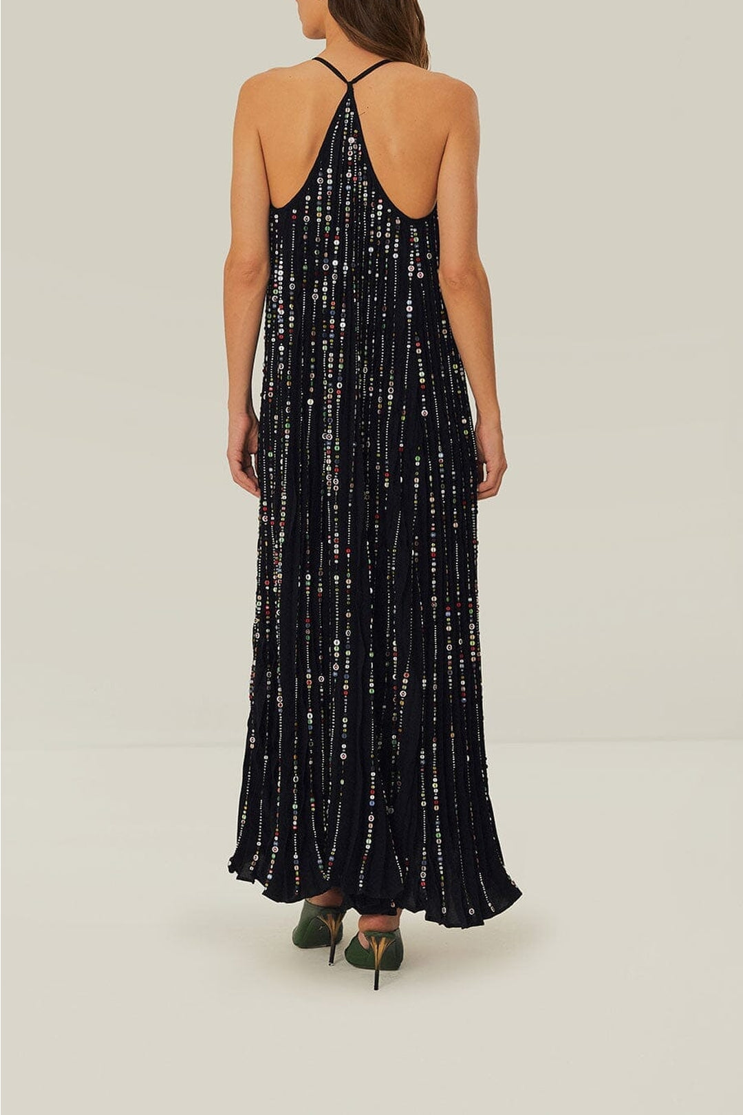 Robe longue plissée brodée de strass - Noir