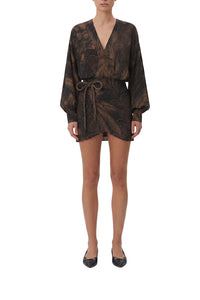 Robe courte Golden Foliage à manches boufffantes - Noir