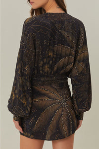 Robe courte Golden Foliage à manches boufffantes - Noir