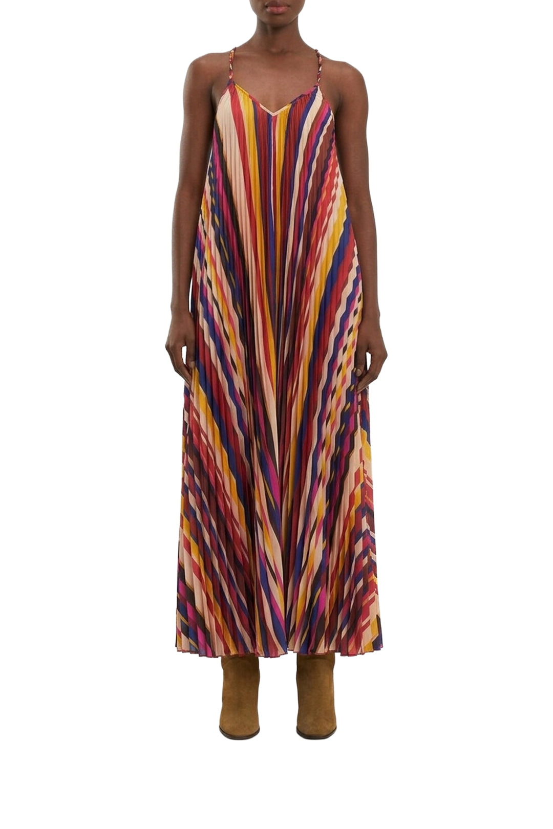 Robe longue plissée à rayures diagonales - Multicolore