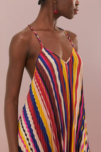 Robe longue plissée à rayures diagonales - Multicolore