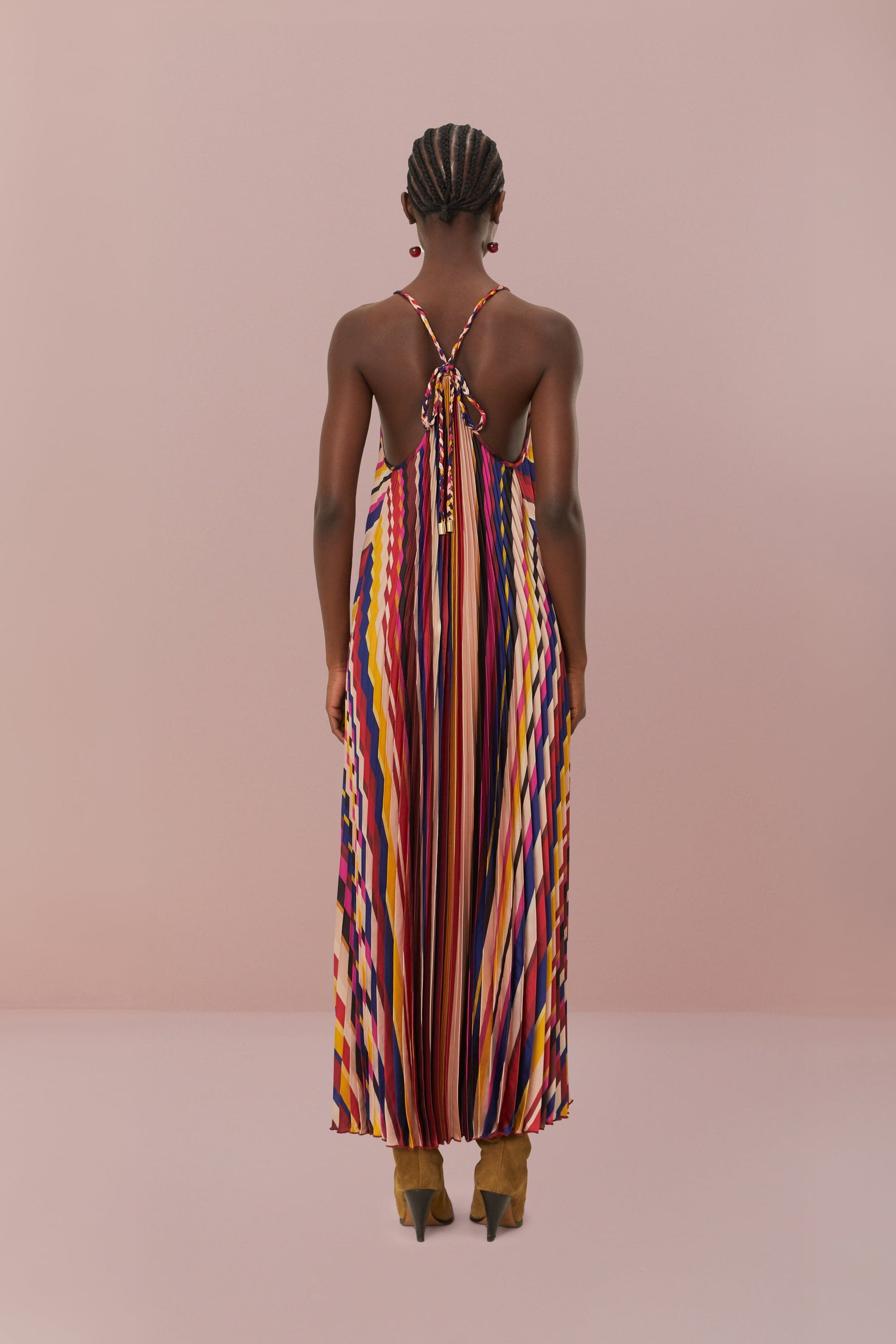 Robe longue plissée à rayures diagonales - Multicolore