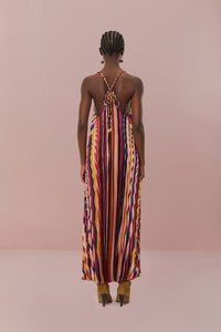 Robe longue plissée à rayures diagonales - Multicolore