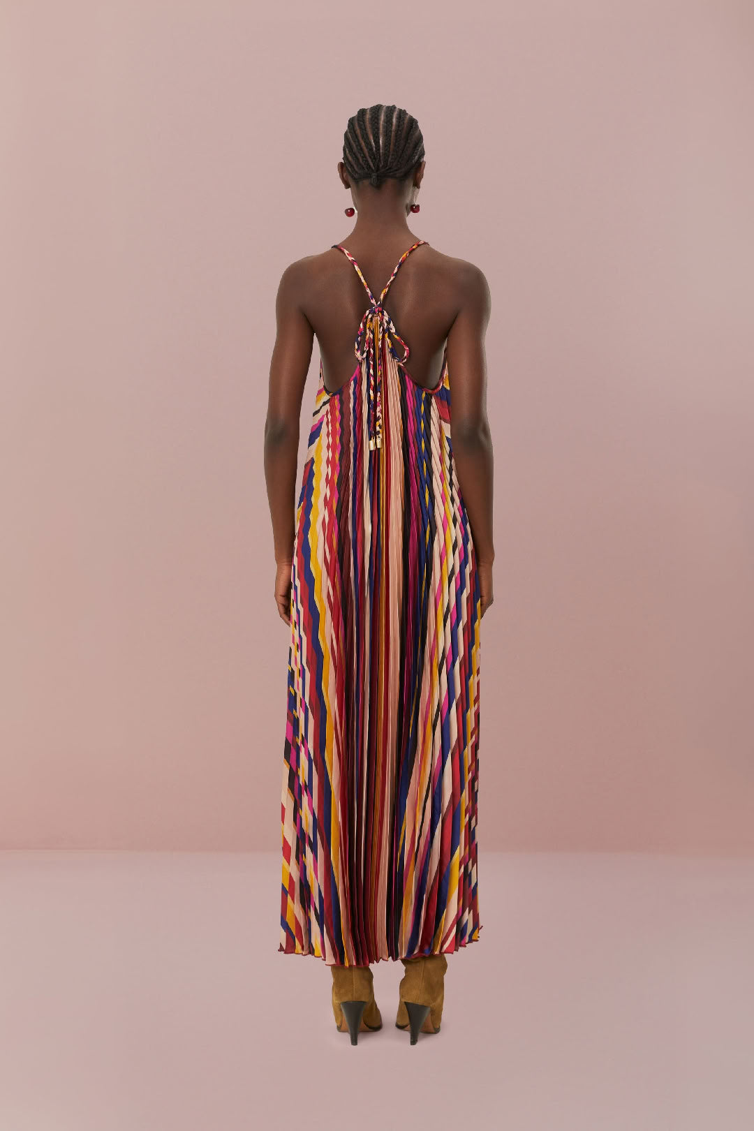 Robe longue plissée à rayures diagonales - Multicolore