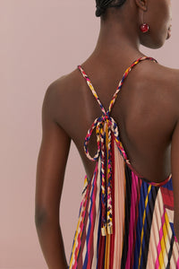 Robe longue plissée à rayures diagonales - Multicolore