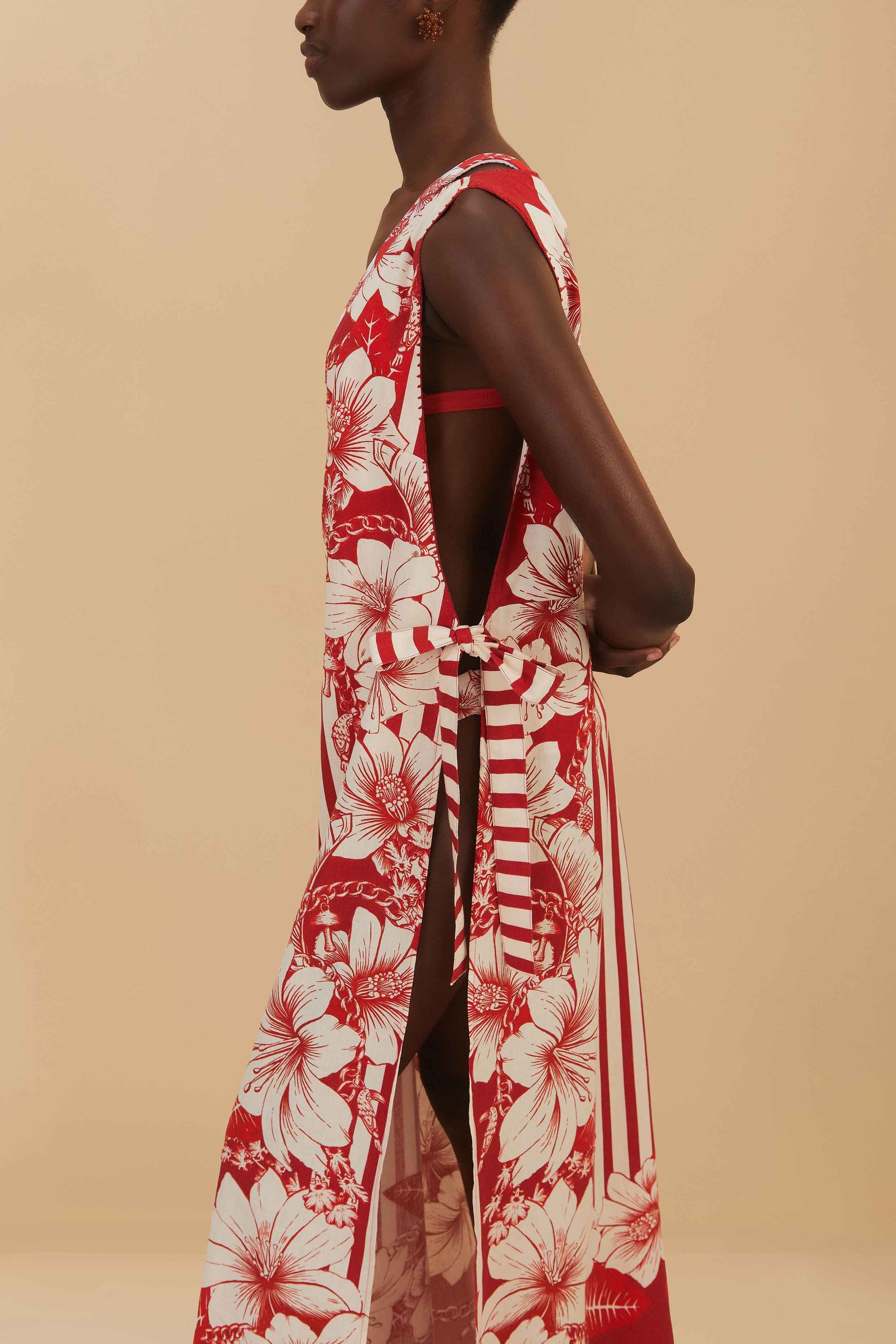 Robe longue Floral Chains en lin - Rouge