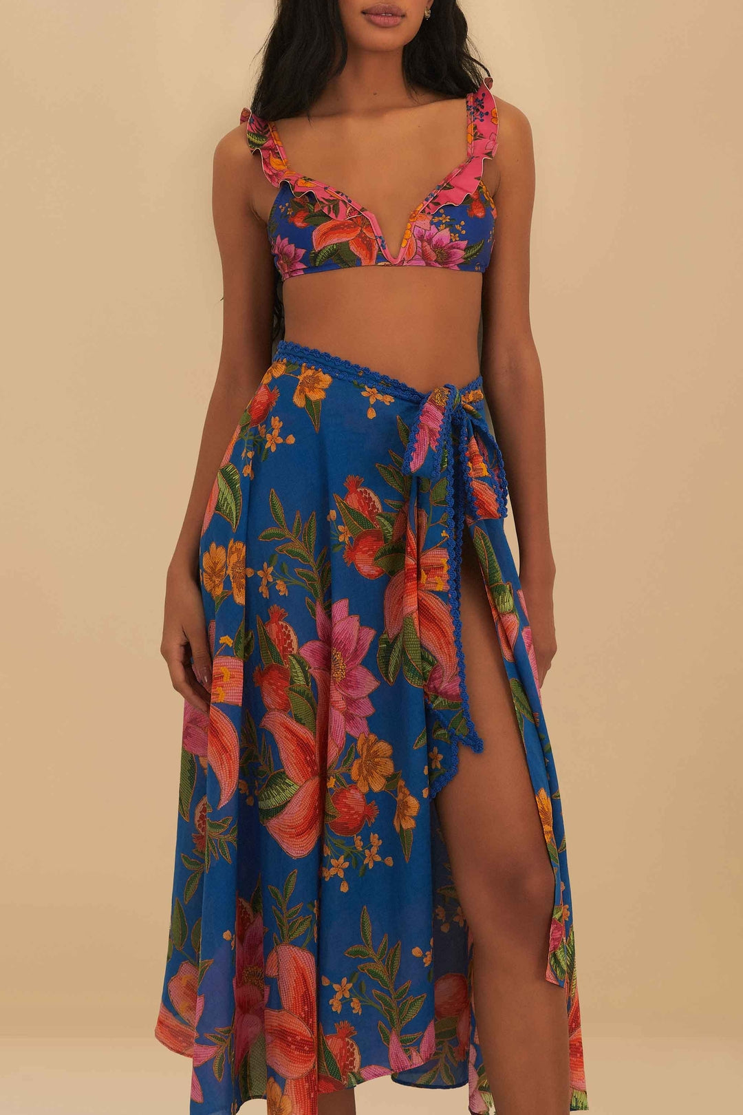 Jupe midi Summer Fruit en coton - Bleu