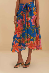 Jupe midi Summer Fruit en coton - Bleu