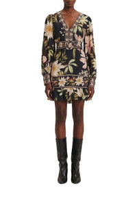 Robe courte Surreal Flowers à manches longues - Noir