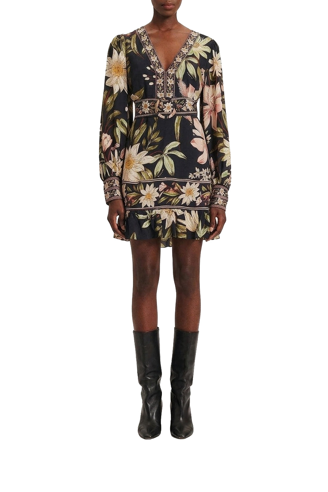 Robe courte Surreal Flowers à manches longues - Noir