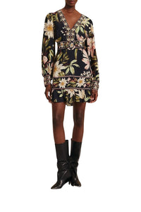 Robe courte Surreal Flowers à manches longues - Noir