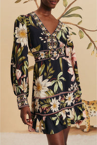 Robe courte Surreal Flowers à manches longues - Noir