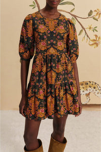 Robe courte Arabesque à manches bouffantes en coton - Noir