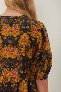 Robe courte Arabesque à manches bouffantes en coton - Noir