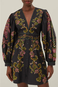 Robe courte Ravenala à manches bouffantes en coton - Noir