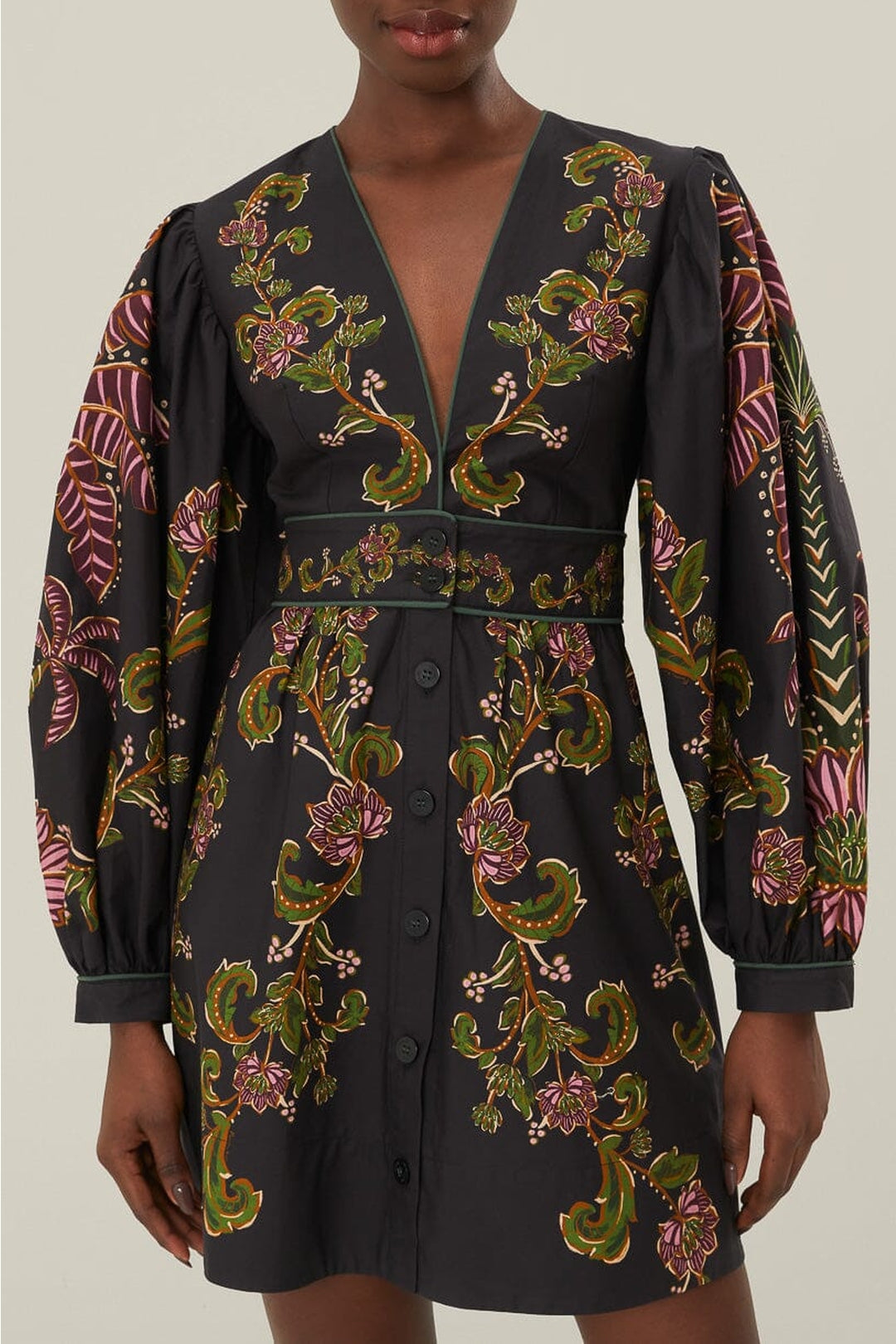 Robe courte Ravenala à manches bouffantes en coton - Noir
