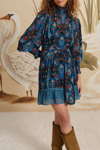 Robe courte Arabesque col montant - Bleu