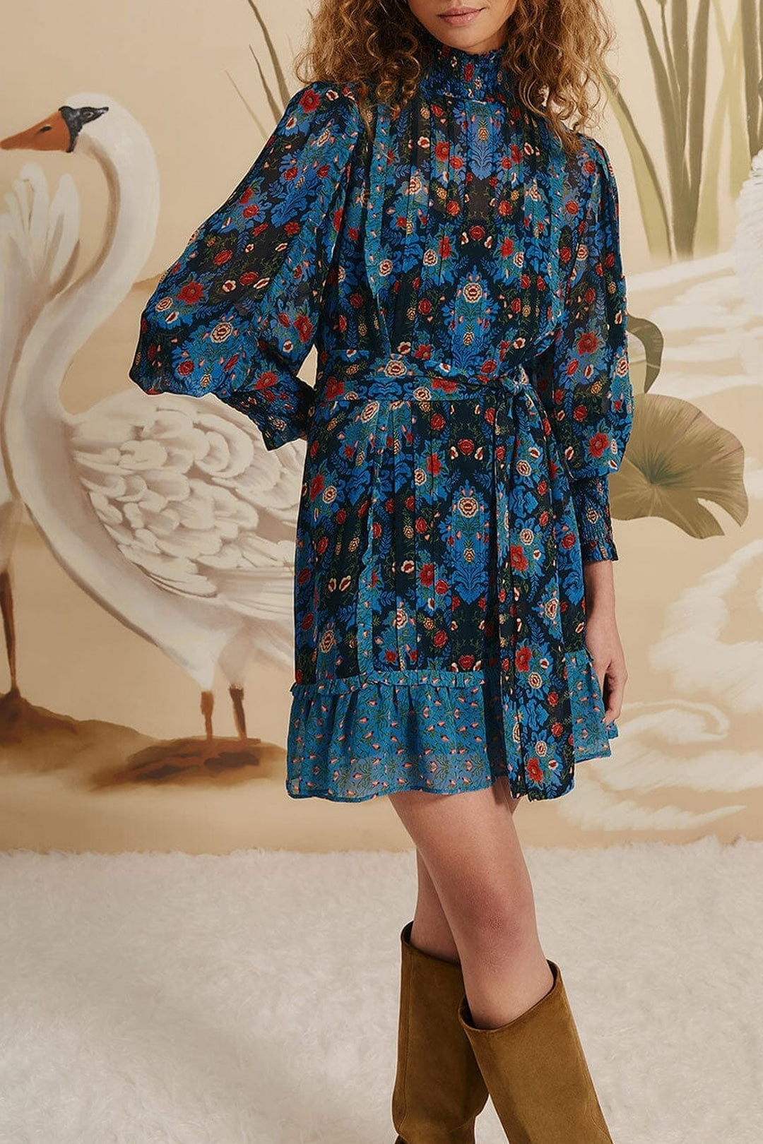 Robe courte Arabesque col montant - Bleu
