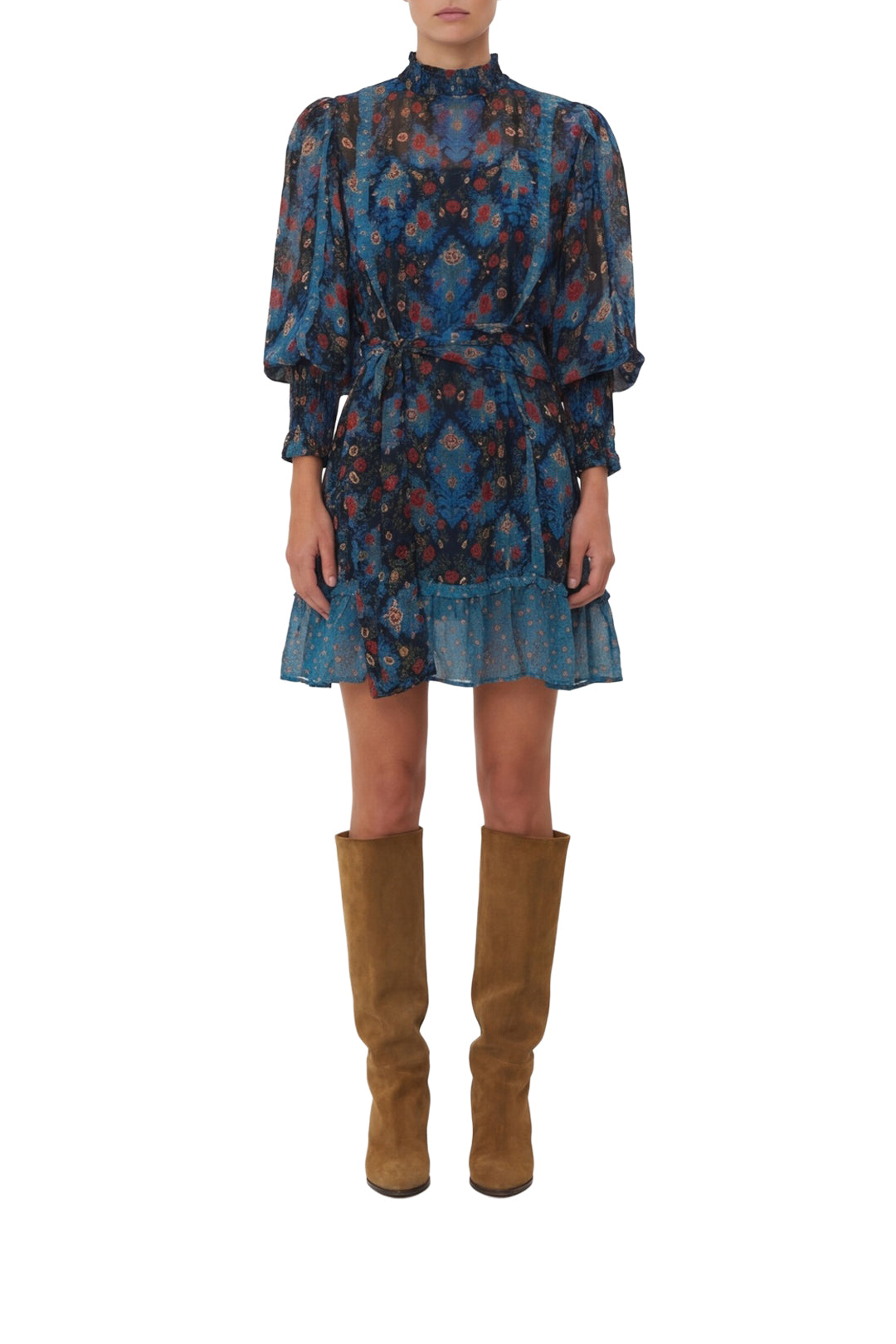 Robe courte Arabesque col montant - Bleu