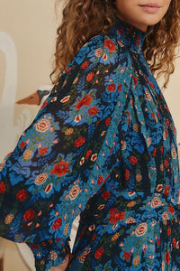 Robe courte Arabesque col montant - Bleu