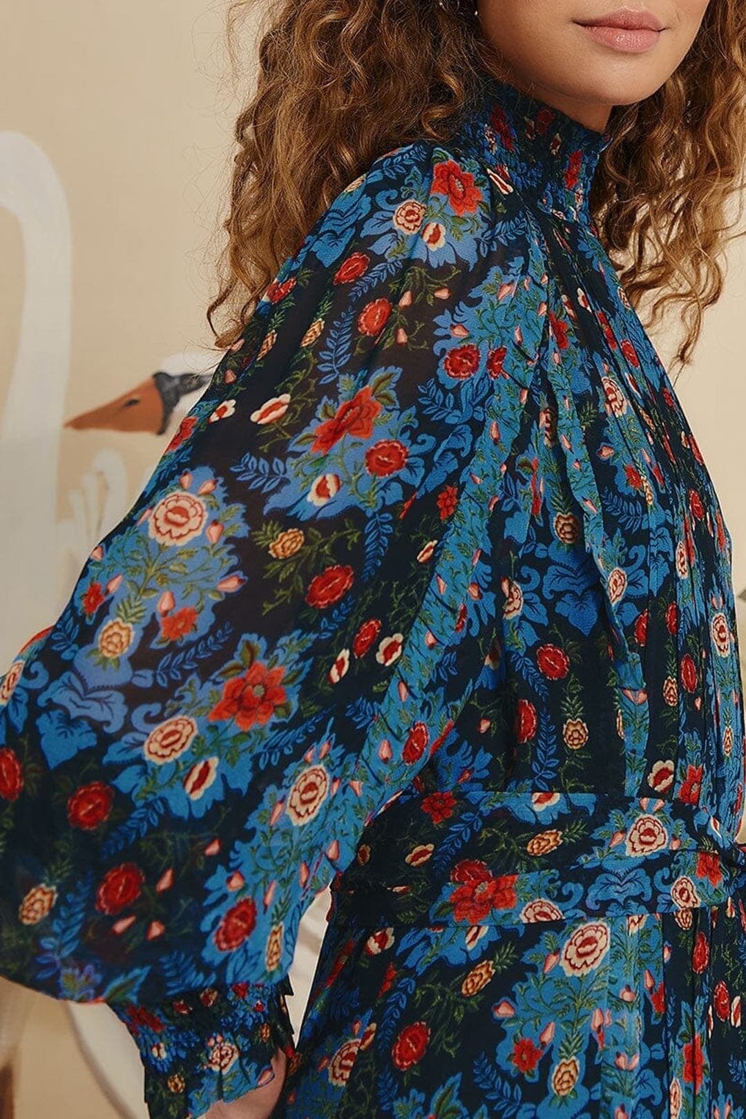 Robe courte Arabesque col montant - Bleu