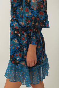 Robe courte Arabesque col montant - Bleu