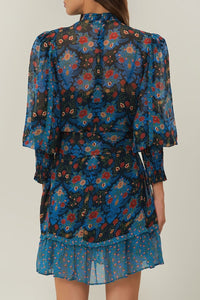 Robe courte Arabesque col montant - Bleu