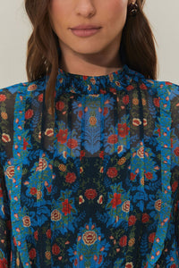 Robe courte Arabesque col montant - Bleu