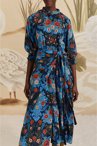 Robe midi Floral Arabesque - Bleu