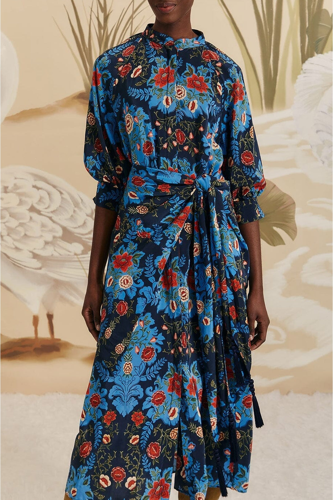 Robe midi Floral Arabesque - Bleu